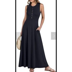 Women’s Sleeveless Maxi Sundress Button Details Fit & Flare Size XL Pockets Blue